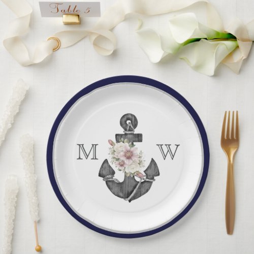 Nautical Wedding Floral Anchor Navy Blue and White Paper Plates
