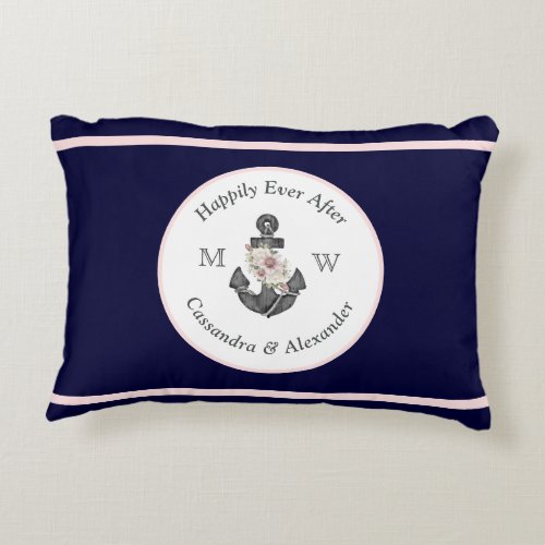 Nautical Wedding Floral Anchor Navy Blue Pink Accent Pillow