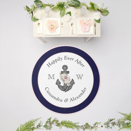 Nautical Wedding Floral Anchor Navy Blue Pink Outdoor Rug