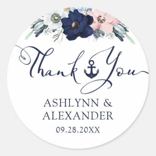 Nautical Wedding Floral Anchor Navy Blue Thank You Classic Round Sticker