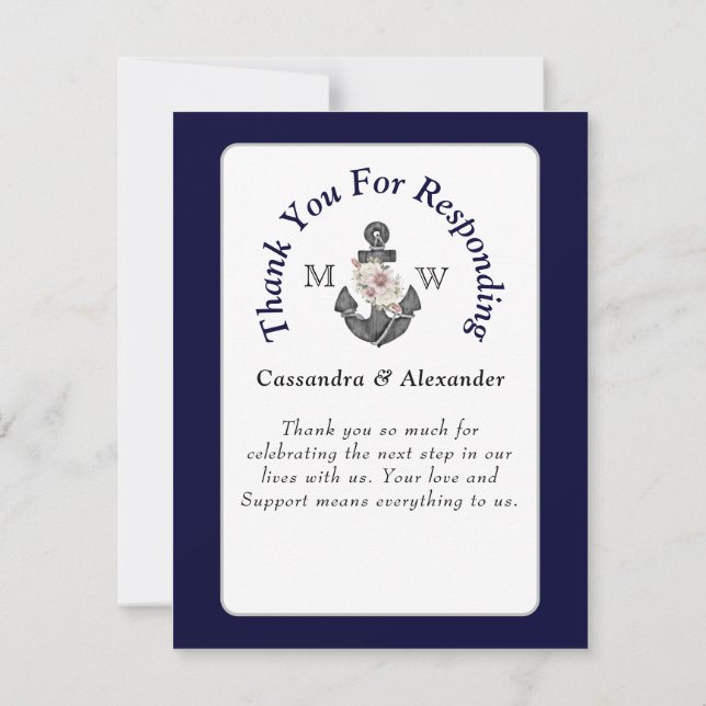 Nautical Wedding Floral Anchor Navy Blue White RSVP Card (Back)
