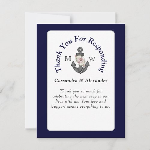 Nautical Wedding Floral Anchor Navy Blue White RSVP Card