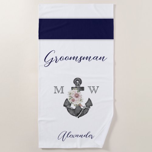 Nautical Wedding Floral Anchor Navy Gray Groomsman Beach Towel