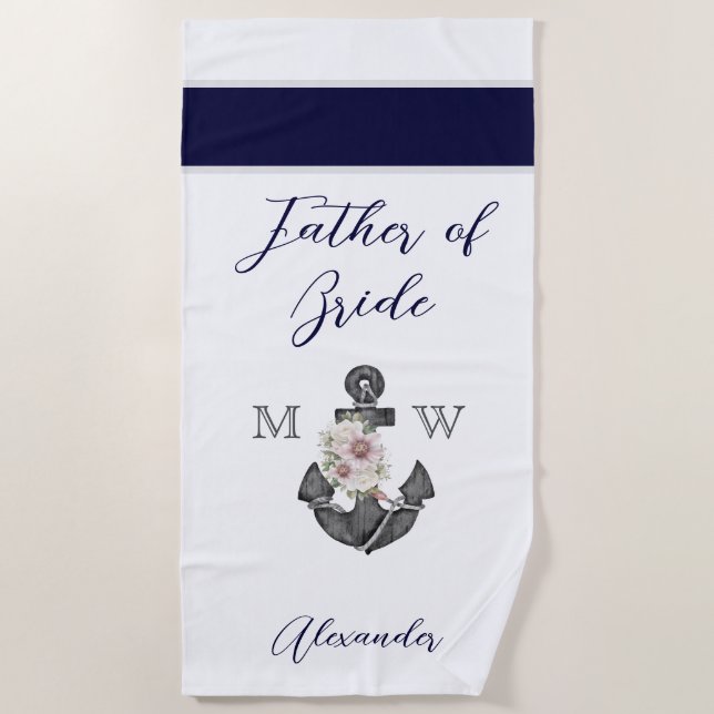 Nautical Wedding Floral Anchor Navy Gray Groomsman Beach Towel (Front)