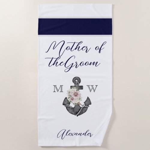 Nautical Wedding Floral Anchor Navy Mother of  Beach Towel
