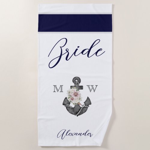 Nautical Wedding Floral Anchor Navy White Bride Beach Towel
