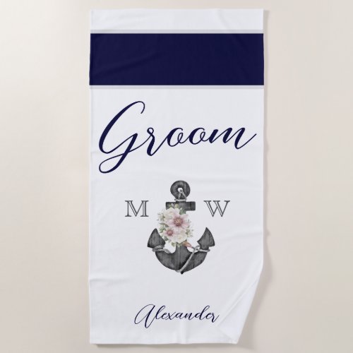 Nautical Wedding Floral Anchor Navy White  Groom Beach Towel