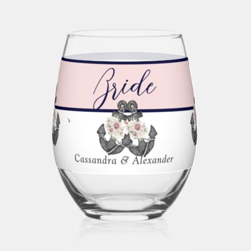 Nautical Wedding Floral Anchor Pink and Navy Bride Stemless Wine Glass