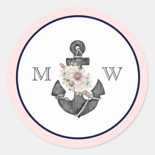 Nautical Wedding Floral Anchor Pink and Navy  Classic Round Sticker