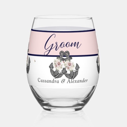 Nautical Wedding Floral Anchor Pink and Navy Groom Stemless Wine Glass