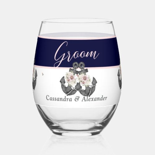 Nautical Wedding Floral Anchor Pink and Navy Groom Stemless Wine Glass