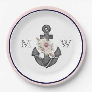Nautical Wedding Floral Anchor Pink and Navy Paper Plates
