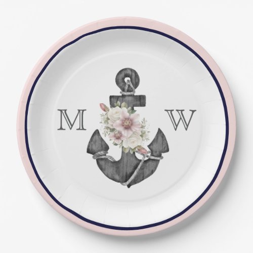 Nautical Wedding Floral Anchor Pink and Navy  Paper Plates