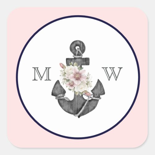 Nautical Wedding Floral Anchor Pink and Navy  Square Sticker