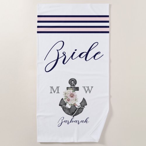 Nautical Wedding Floral Anchor Pink Navy Brides Be Beach Towel