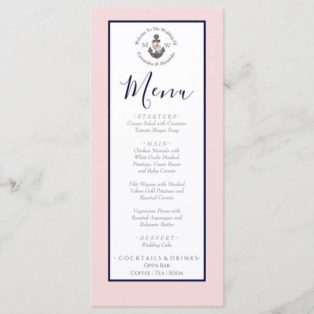 Nautical Wedding Floral Anchor Pink Navy Gray Menu (Front)