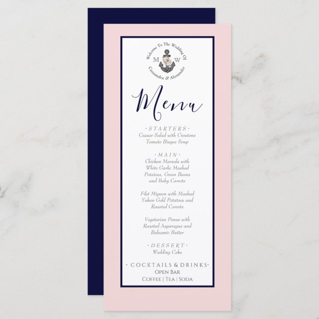 Nautical Wedding Floral Anchor Pink Navy Gray Menu (Front/Back)