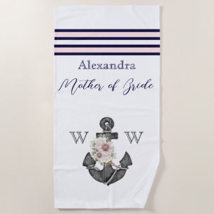 Nautical Wedding Floral Anchor Pink Navy Mother of Beach Towel