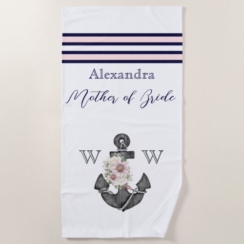 Nautical Wedding Floral Anchor Pink Navy Mother of Beach Towel