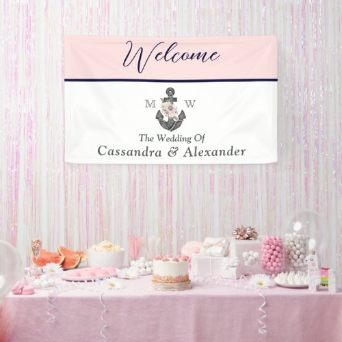 Nautical Wedding Floral Anchor Pink Navy Welcome Banner