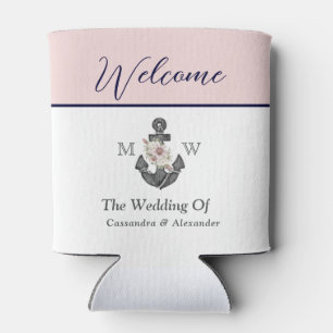 Nautical Wedding Floral Anchor Pink Navy Welcome Can Cooler