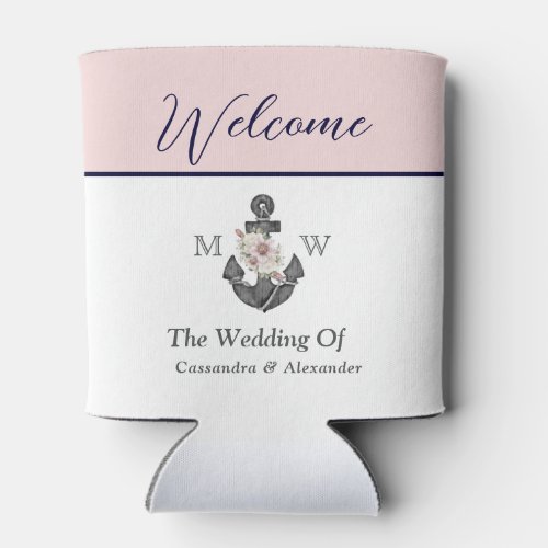 Nautical Wedding Floral Anchor Pink Navy Welcome  Can Cooler