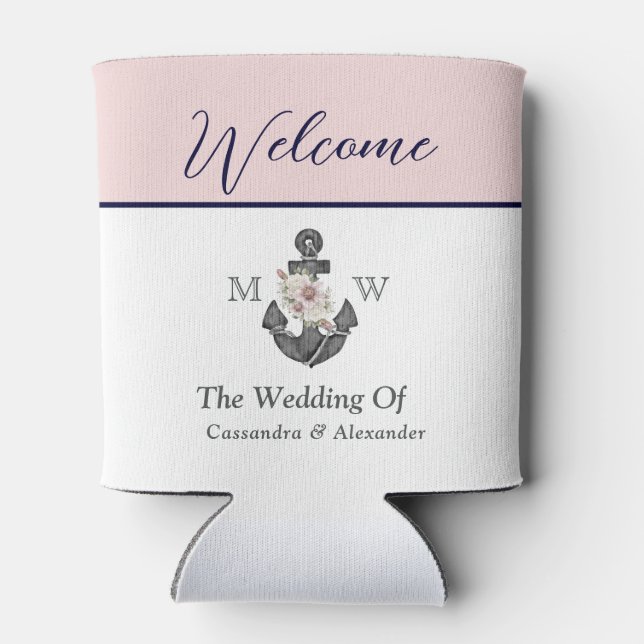 Nautical Wedding Floral Anchor Pink Navy Welcome  Can Cooler (Back)