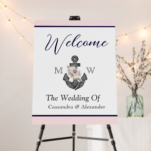 Nautical Wedding Floral Anchor Pink Navy Welcome Foam Board