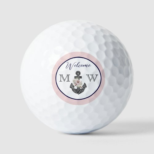 Nautical Wedding Floral Anchor Pink Navy Welcome  Golf Balls