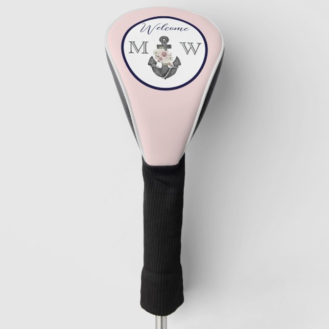 Nautical Wedding Floral Anchor Pink Navy Welcome  Golf Head Cover (Front)