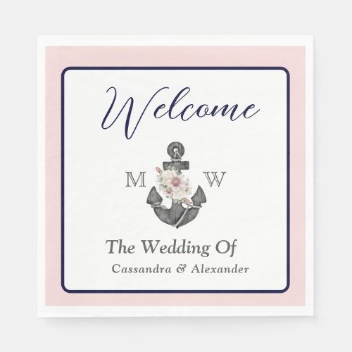 Nautical Wedding Floral Anchor Pink Navy Welcome  Napkins