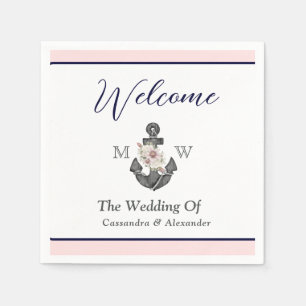 Nautical Wedding Floral Anchor Pink Navy Welcome Napkins