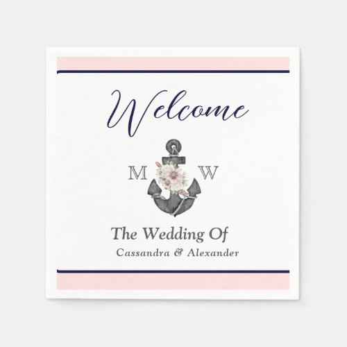 Nautical Wedding Floral Anchor Pink Navy Welcome Napkins