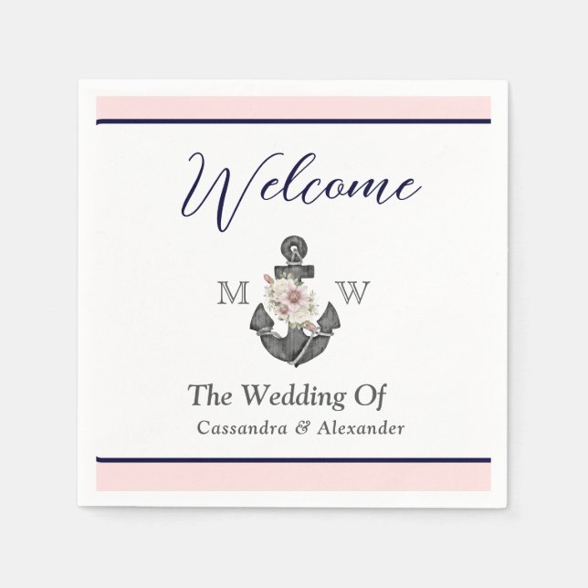 Nautical Wedding Floral Anchor Pink Navy Welcome Napkins (Front)