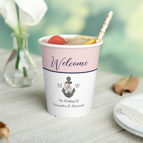 Nautical Wedding Floral Anchor Pink Navy Welcome  Paper Cups