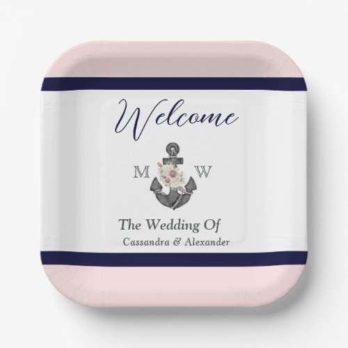 Nautical Wedding Floral Anchor Pink Navy Welcome Paper Plates