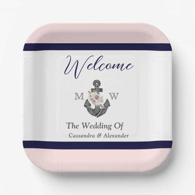 Nautical Wedding Floral Anchor Pink Navy Welcome Paper Plates (Front)