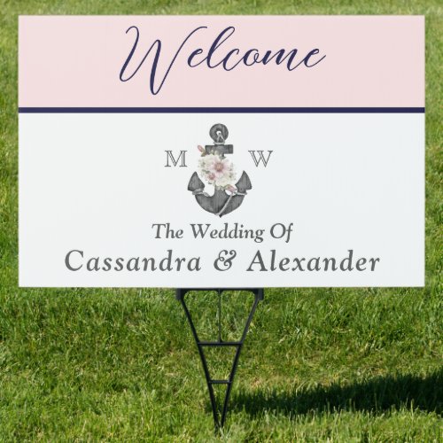 Nautical Wedding Floral Anchor Pink Navy Welcome Sign