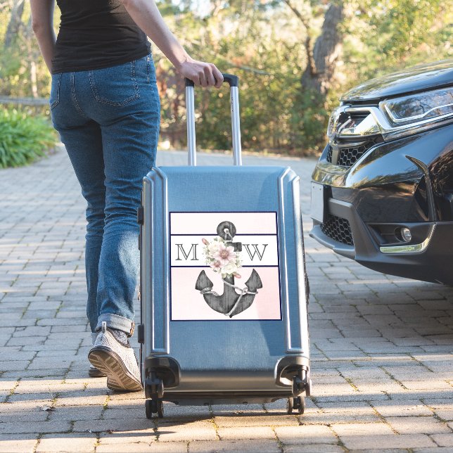 Nautical Wedding Floral Anchor Pink Navy Welcome Sticker (Suitcase Insitu)
