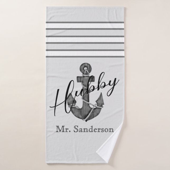 Nautical Wedding Floral Anchor Silver Gray Bath Towel (Bath Towel)