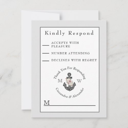 Nautical Wedding Floral Anchor Silver Gray White RSVP Card