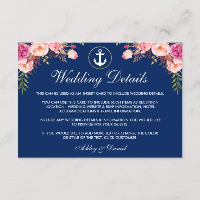 Nautical Wedding Floral Blue Details Insert Card (Front)