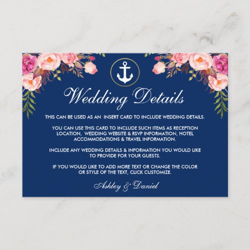 Nautical Wedding Floral Blue Details Insert Card