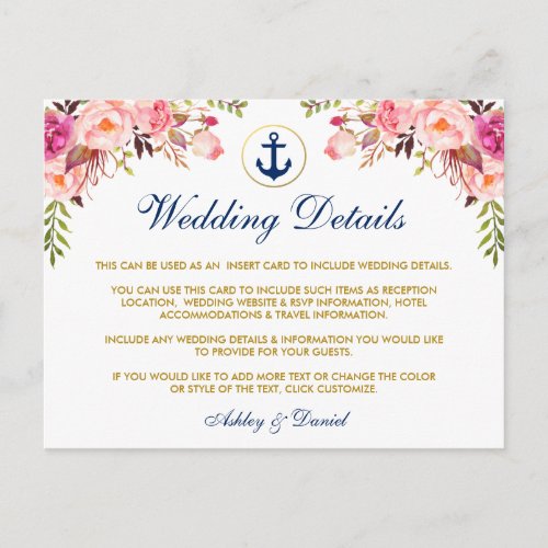Nautical Wedding Floral Details Blue Insert Card P