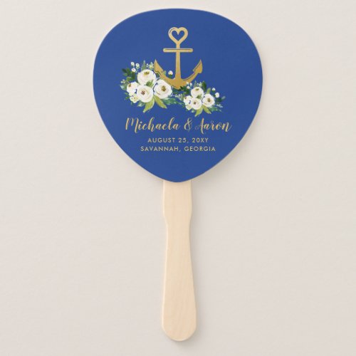 Nautical Wedding Floral Gold Anchor Hand Fan