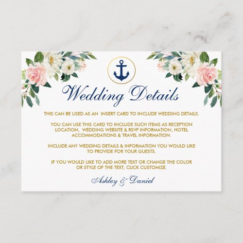 Nautical Wedding Floral Gold Details Insert Card