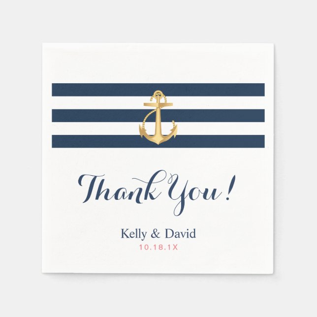 Nautical Wedding Gold Anchor Navy Blue Stripes Paper Napkins (Front)