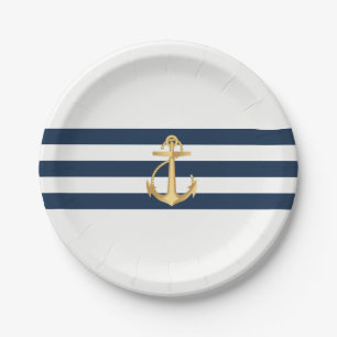 Nautical Wedding Gold Anchor Navy Stripes Paper Plates