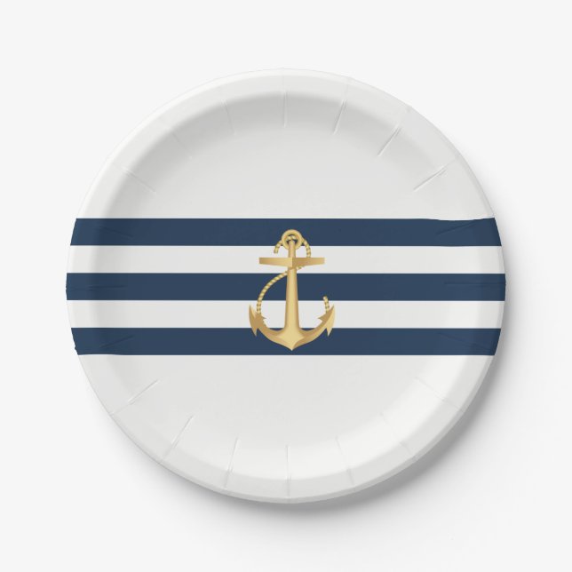 Nautical Wedding Gold Anchor Navy Stripes Paper Plates (Front)