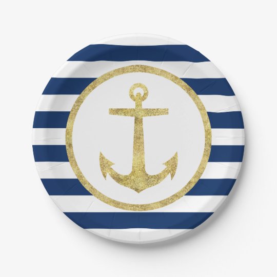 Nautical Wedding Gold Anchor Royal Blue Stripes Paper Plate | Zazzle.com